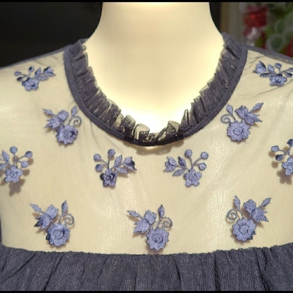 Illusion Washed Black Floral Embroidered Tulle Ruffle Longsleeve Blouse Top 6 S - Picture 7 of 10
